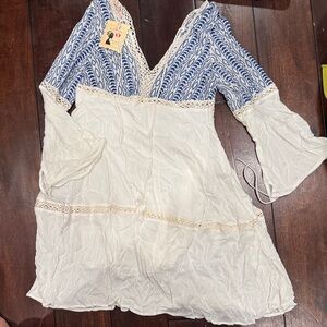 White & Blue V-Neck Crochet-Trim Swim Cover-Up